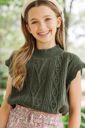 Girls: Get It Going Olive Green Cable Knit Sweater Top