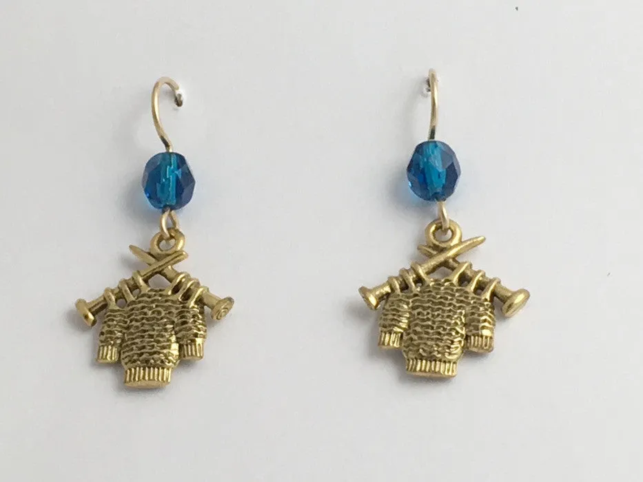 Gold tone Pewter & 14kgf sweater w/knitting needles dangle earrings, knit, yarn