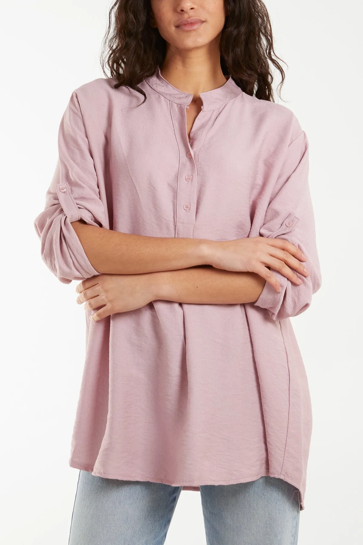 Grandad Collar Tied Up Sleeve Blouse