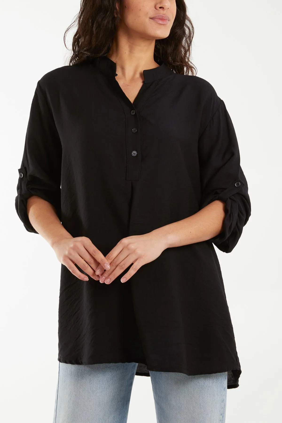 Grandad Collar Tied Up Sleeve Blouse