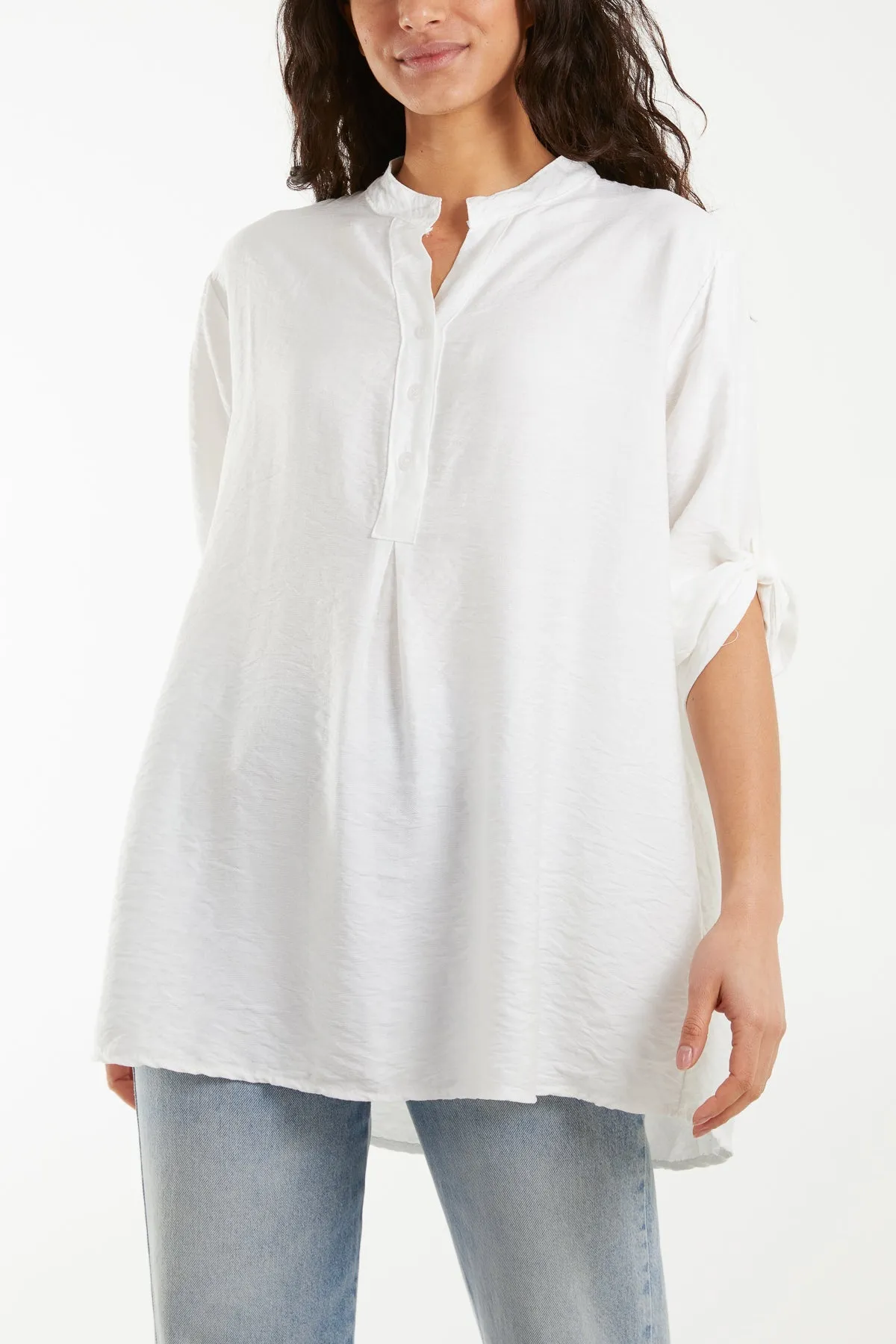 Grandad Collar Tied Up Sleeve Blouse