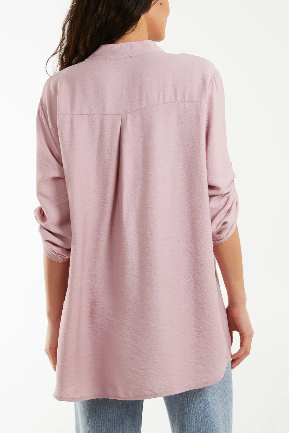 Grandad Collar Tied Up Sleeve Blouse
