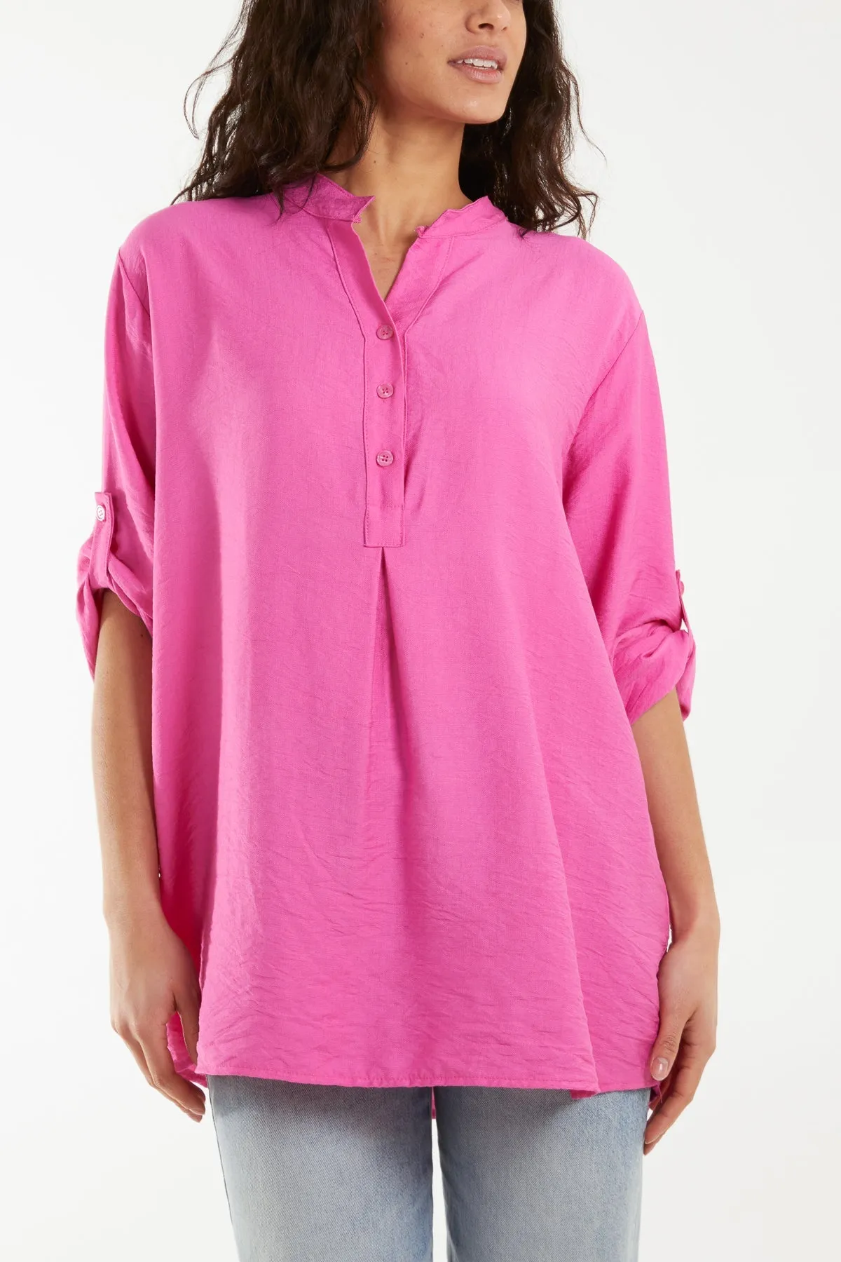 Grandad Collar Tied Up Sleeve Blouse