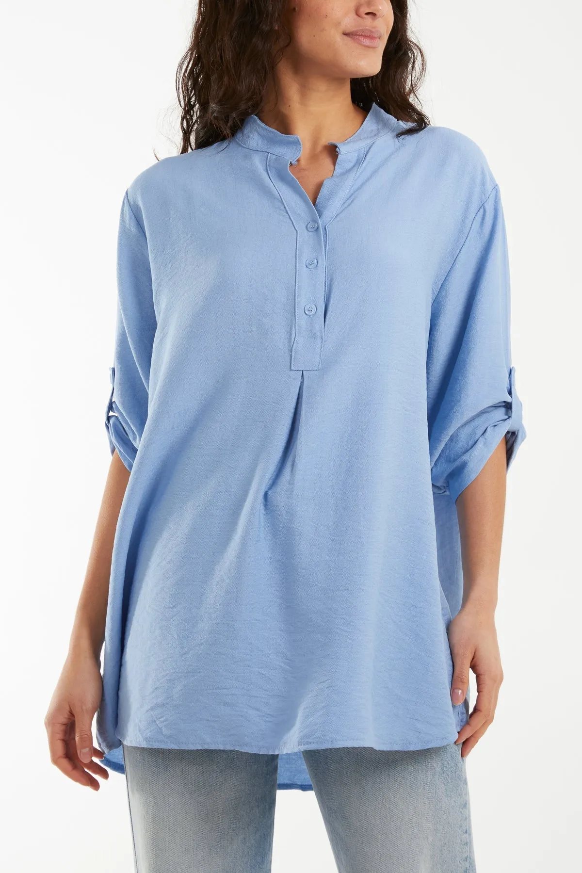 Grandad Collar Tied Up Sleeve Blouse