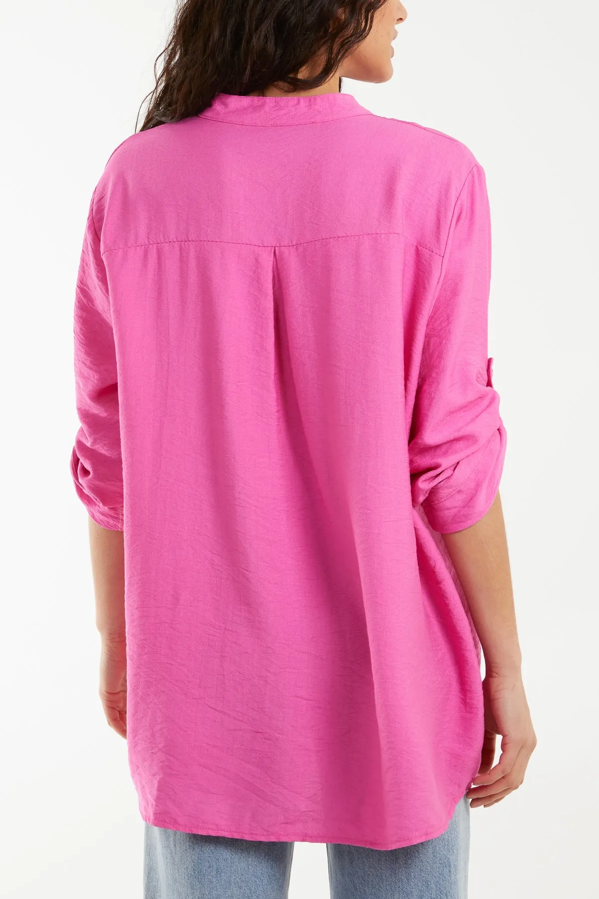 Grandad Collar Tied Up Sleeve Blouse