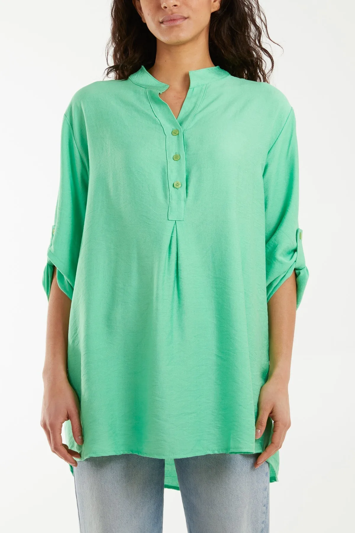 Grandad Collar Tied Up Sleeve Blouse