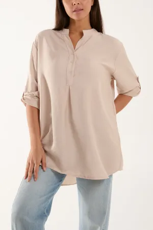 Grandad Collar Tied Up Sleeve Blouse