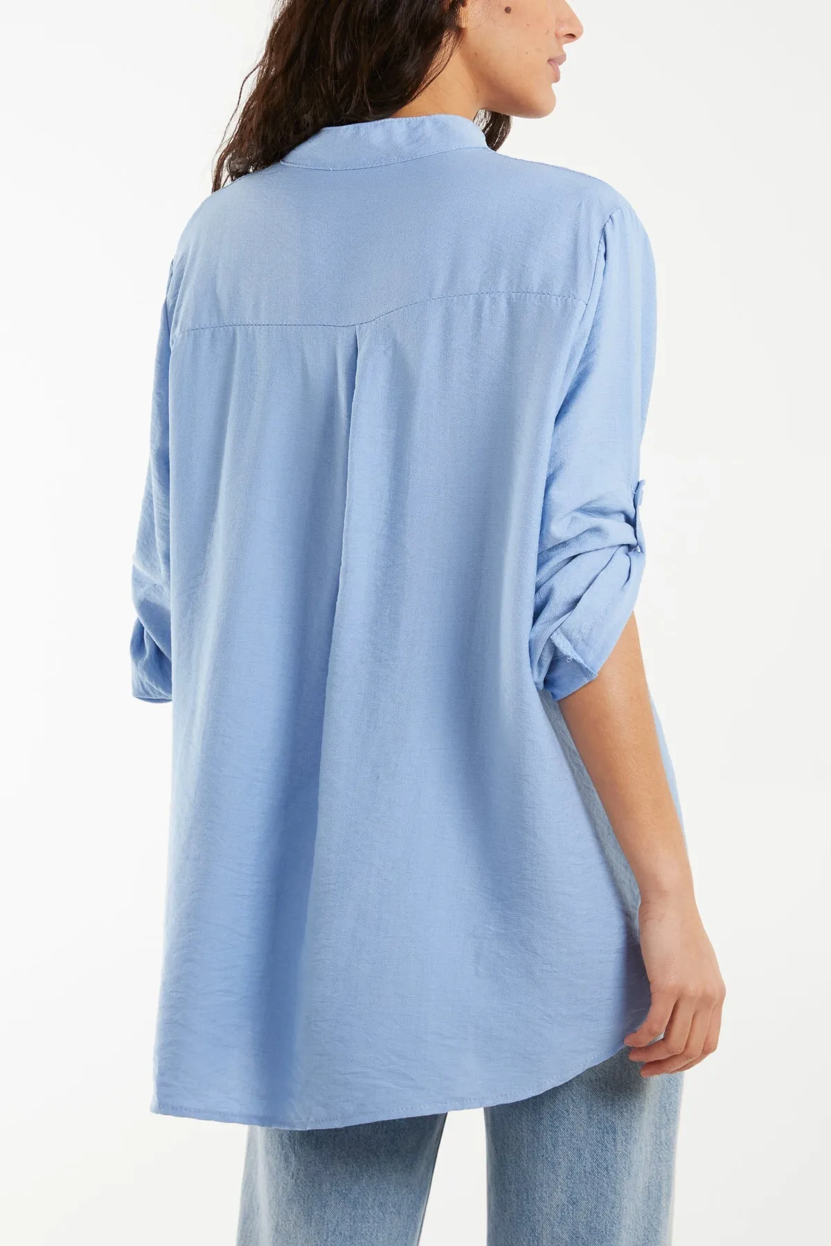 Grandad Collar Tied Up Sleeve Blouse