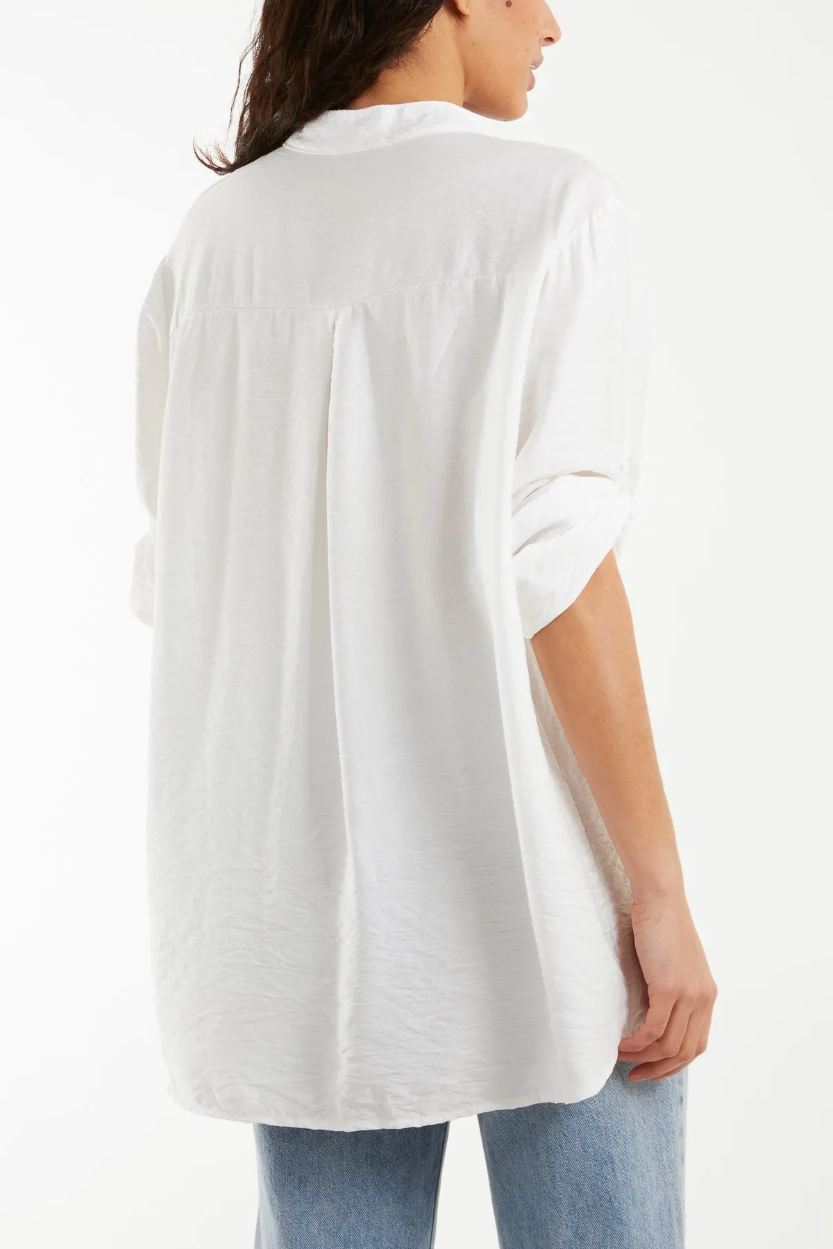 Grandad Collar Tied Up Sleeve Blouse