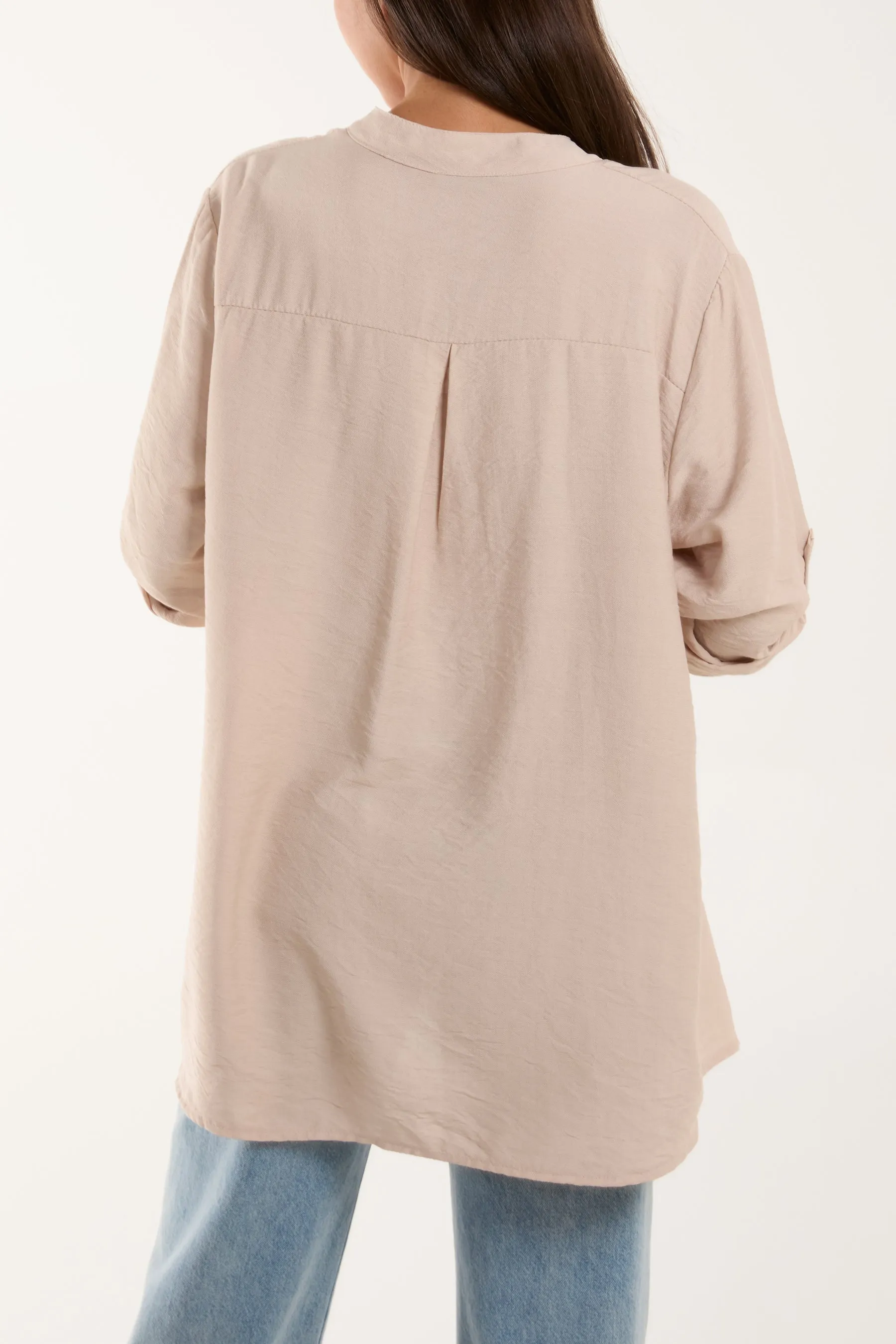 Grandad Collar Tied Up Sleeve Blouse