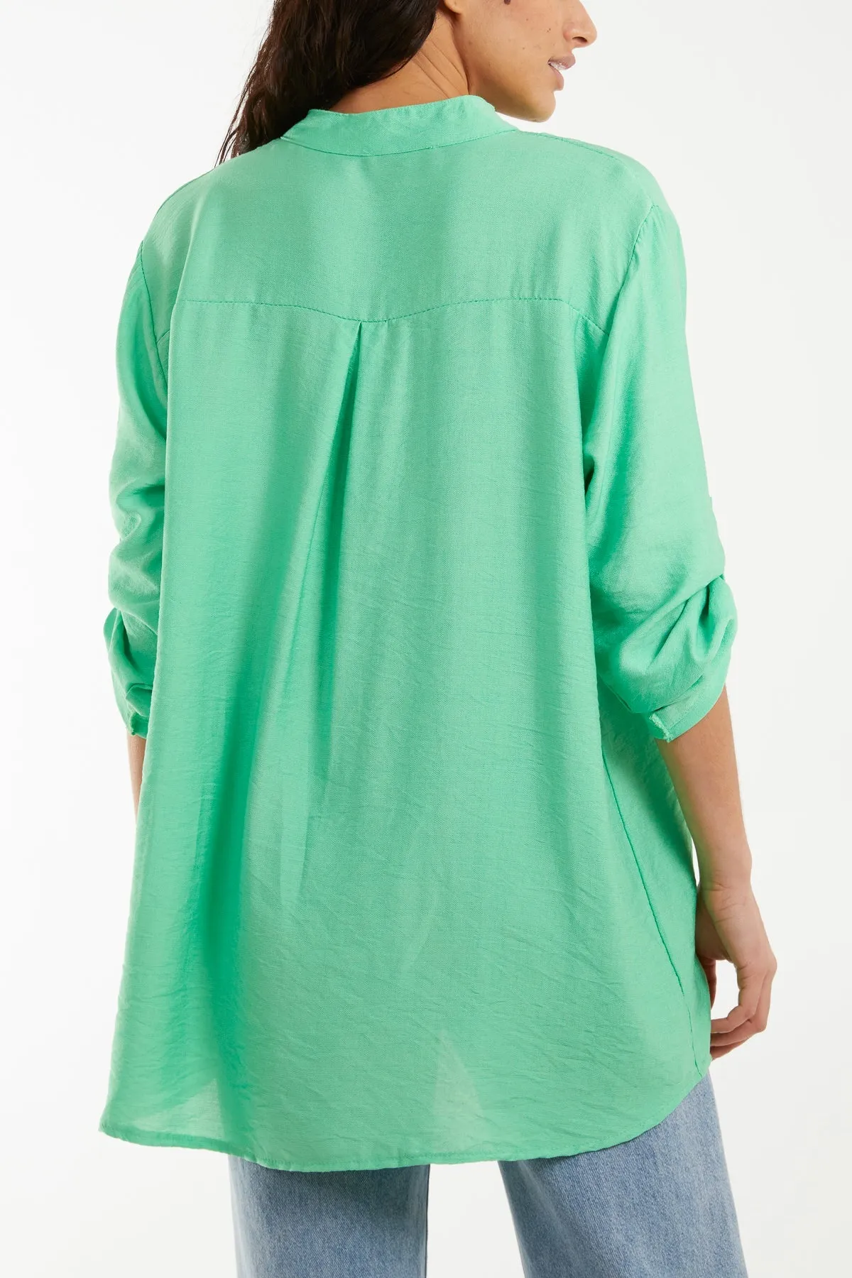Grandad Collar Tied Up Sleeve Blouse