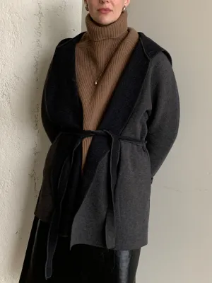 Gray hooded wrap coat