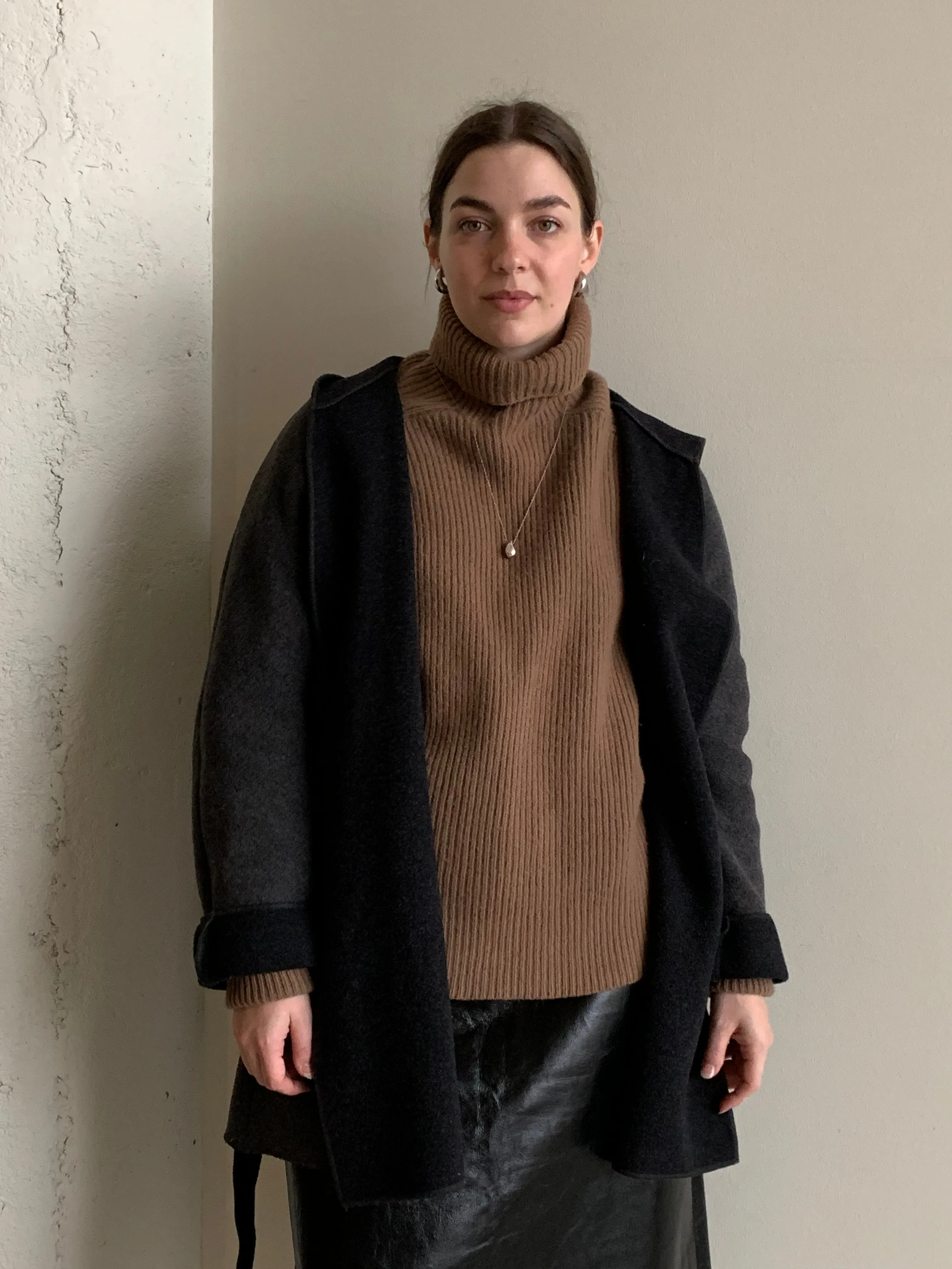 Gray hooded wrap coat