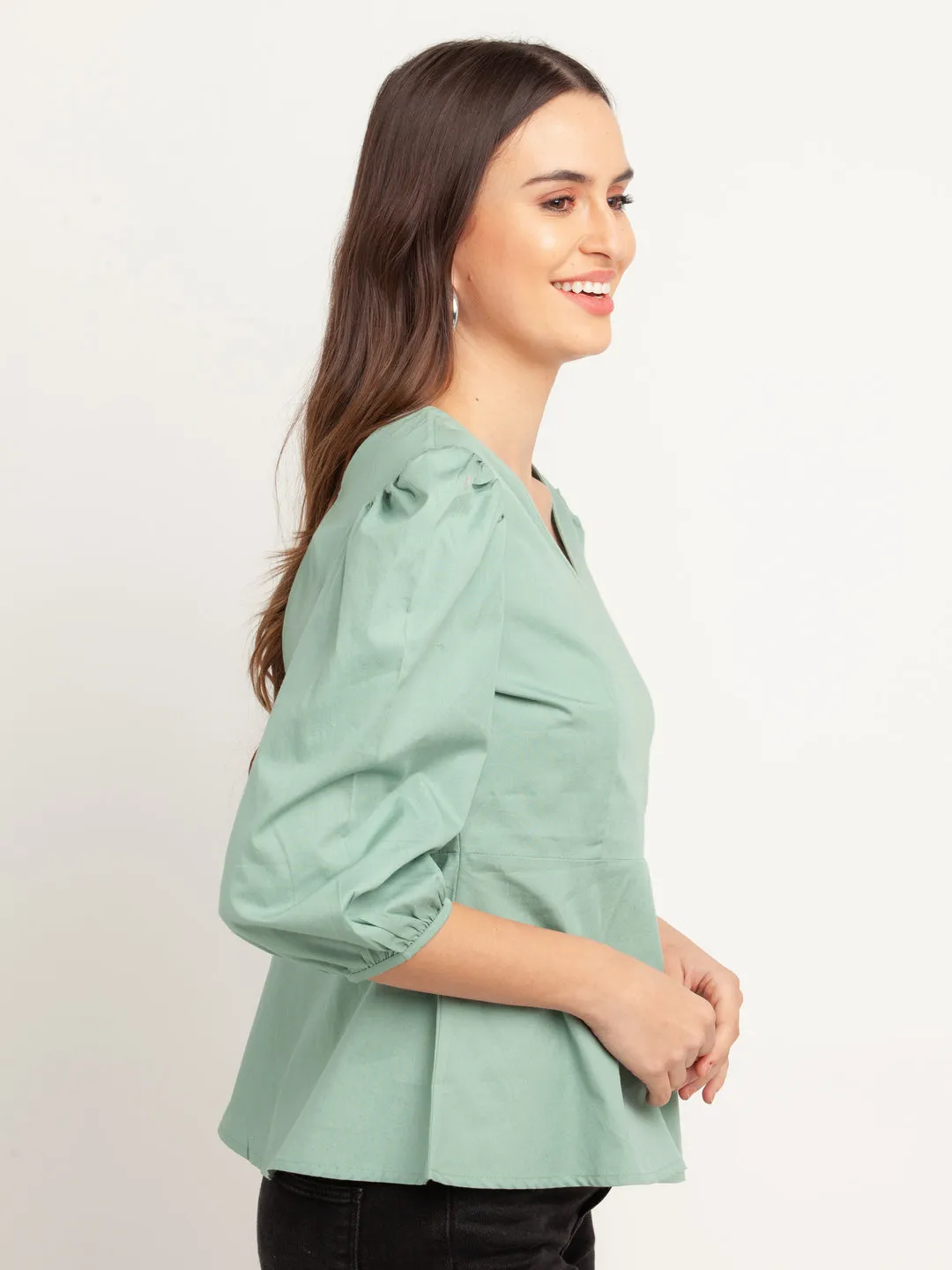 Green Solid Puff Sleeve Top