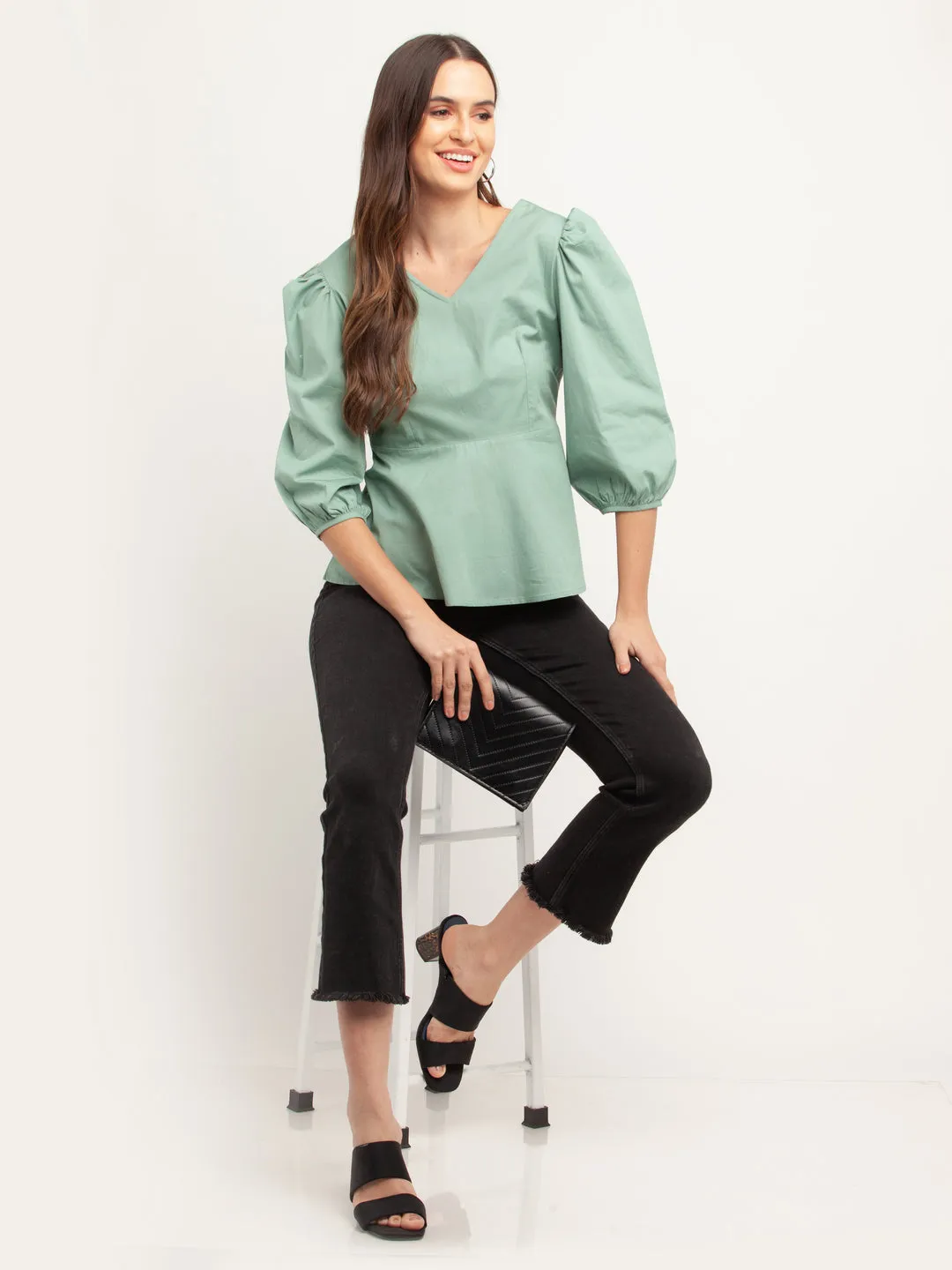 Green Solid Puff Sleeve Top
