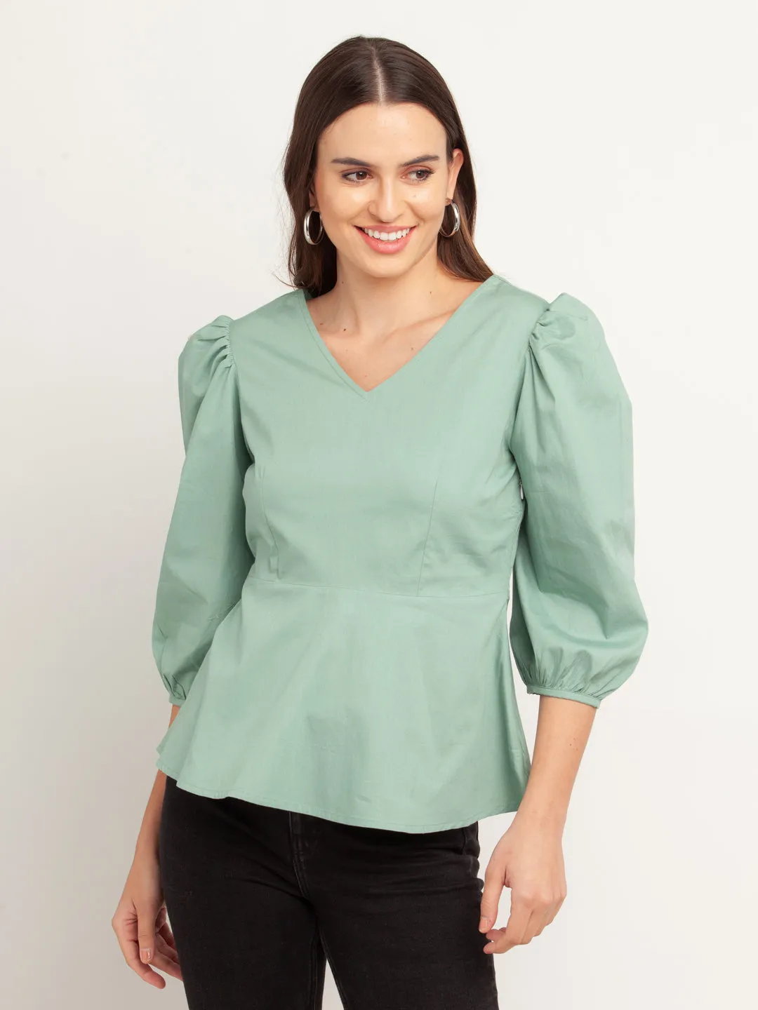 Green Solid Puff Sleeve Top