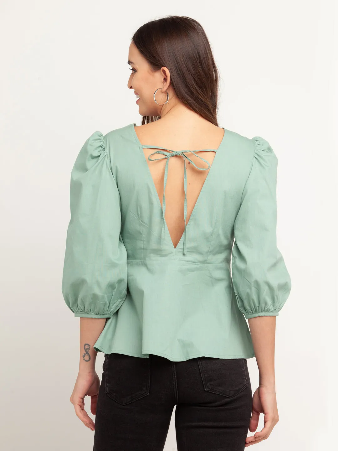 Green Solid Puff Sleeve Top