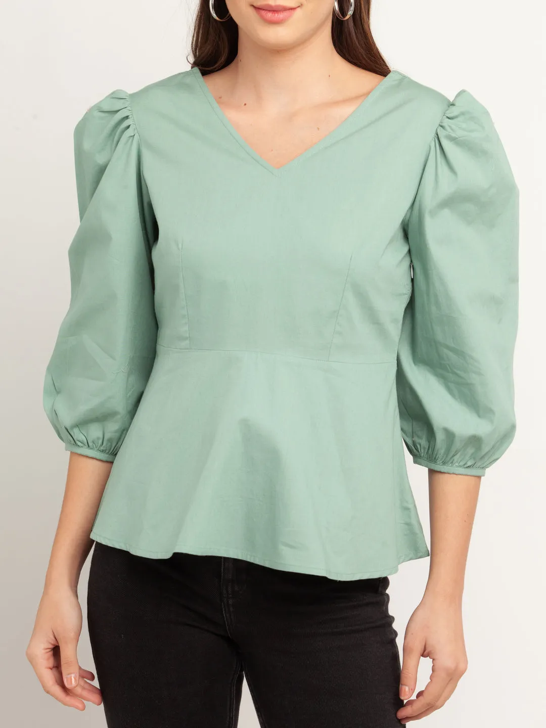 Green Solid Puff Sleeve Top