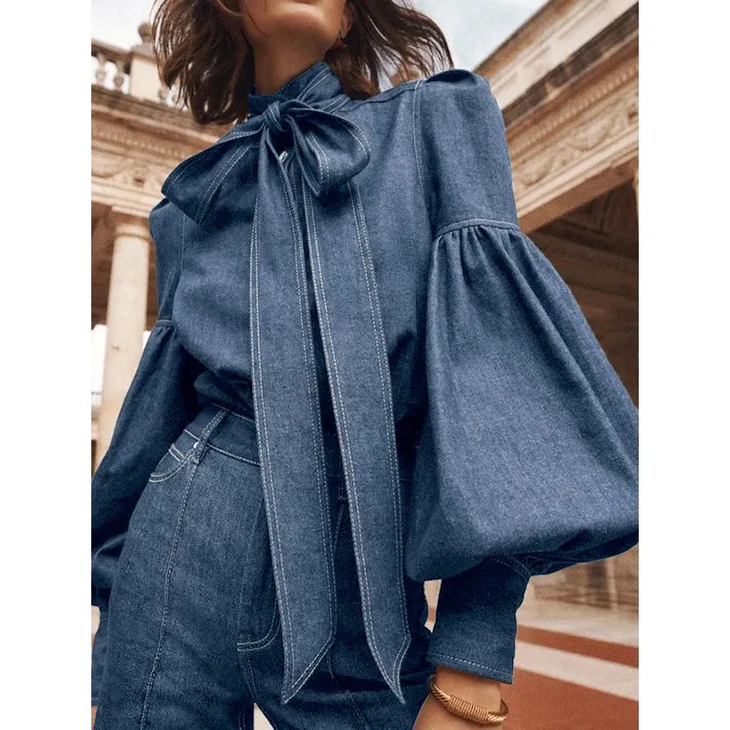 Gymystars Fashion blouse women Imitation Denim Puff Sleeves