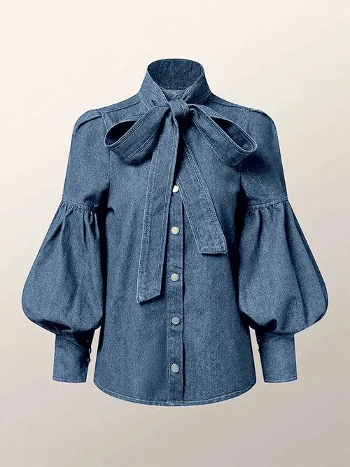 Gymystars Fashion blouse women Imitation Denim Puff Sleeves