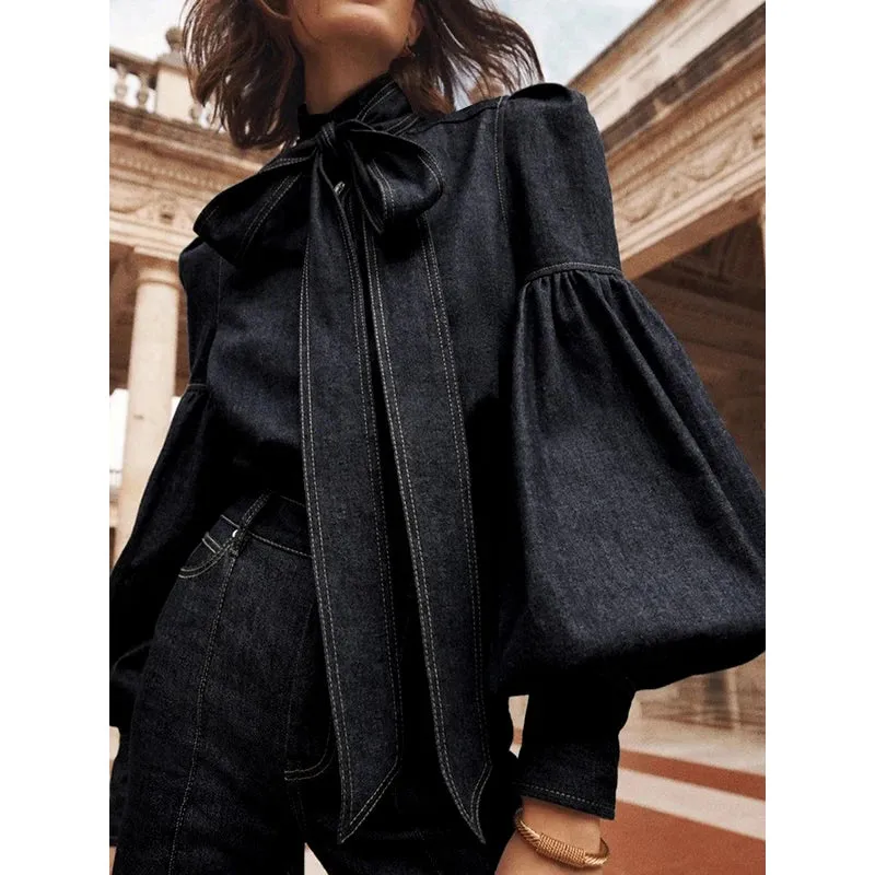 Gymystars Fashion blouse women Imitation Denim Puff Sleeves