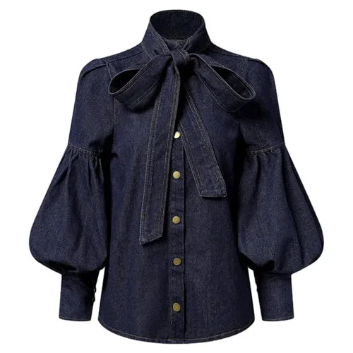 Gymystars Fashion blouse women Imitation Denim Puff Sleeves