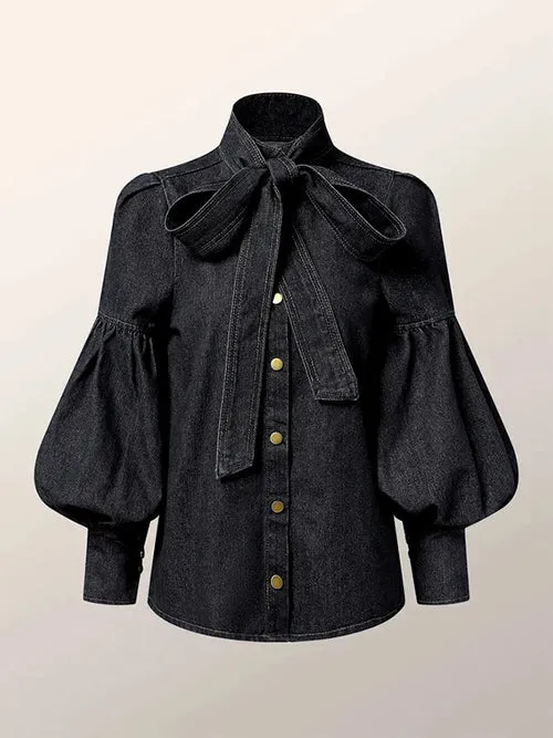 Gymystars Fashion blouse women Imitation Denim Puff Sleeves