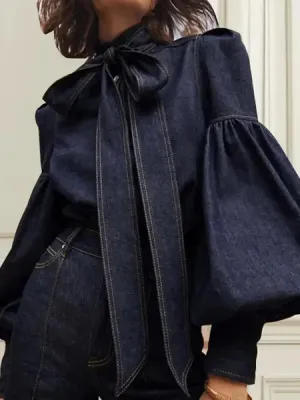 Gymystars Fashion blouse women Imitation Denim Puff Sleeves