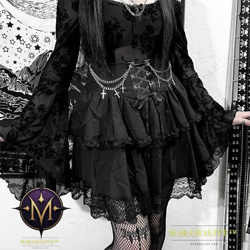 Halloween Autumn New High Waist Lace-up Cross Chain Short Skirt For Women