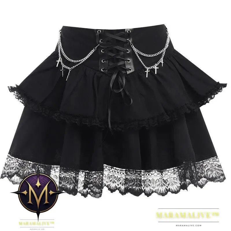 Halloween Autumn New High Waist Lace-up Cross Chain Short Skirt For Women