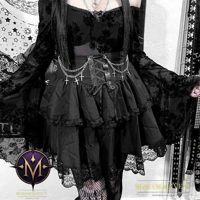 Halloween Autumn New High Waist Lace-up Cross Chain Short Skirt For Women