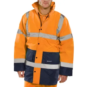 Hi-vis Two-tone Fleece Lined Traffic Jacket with Concealed Hood - Orange/Navy Blue
