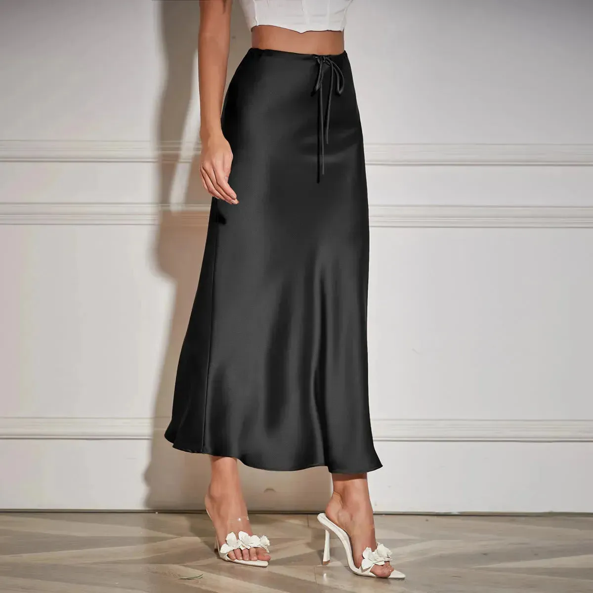 High Quality Satin Silk High Waist Drawstring Lace-up Solid Women Satin Midi Skirt