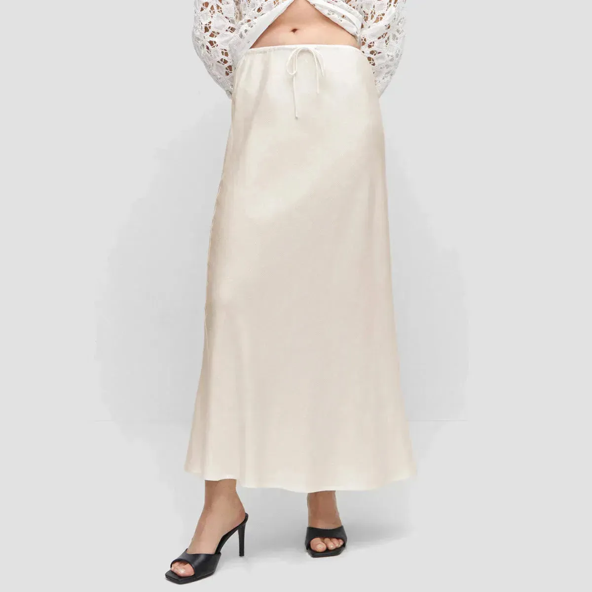 High Quality Satin Silk High Waist Drawstring Lace-up Solid Women Satin Midi Skirt