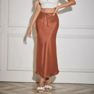 High Quality Satin Silk High Waist Drawstring Lace-up Solid Women Satin Midi Skirt