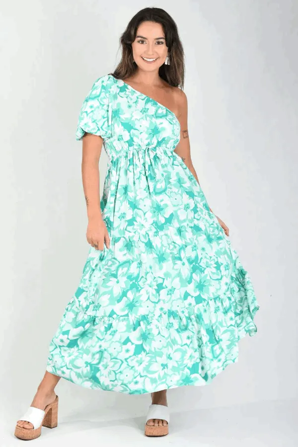 Hills in Hollywood - One Shoulder Dress - Santa Monica Print in Jade
