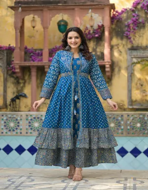 Indigo Floral Printed Cotton Long Dress & Shrug With Doris