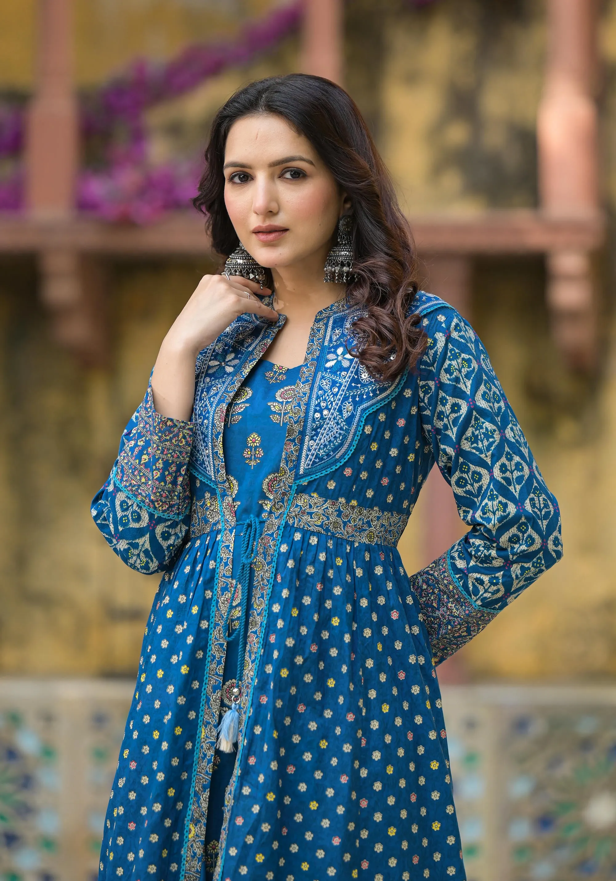 Indigo Floral Printed Cotton Long Dress & Shrug With Doris