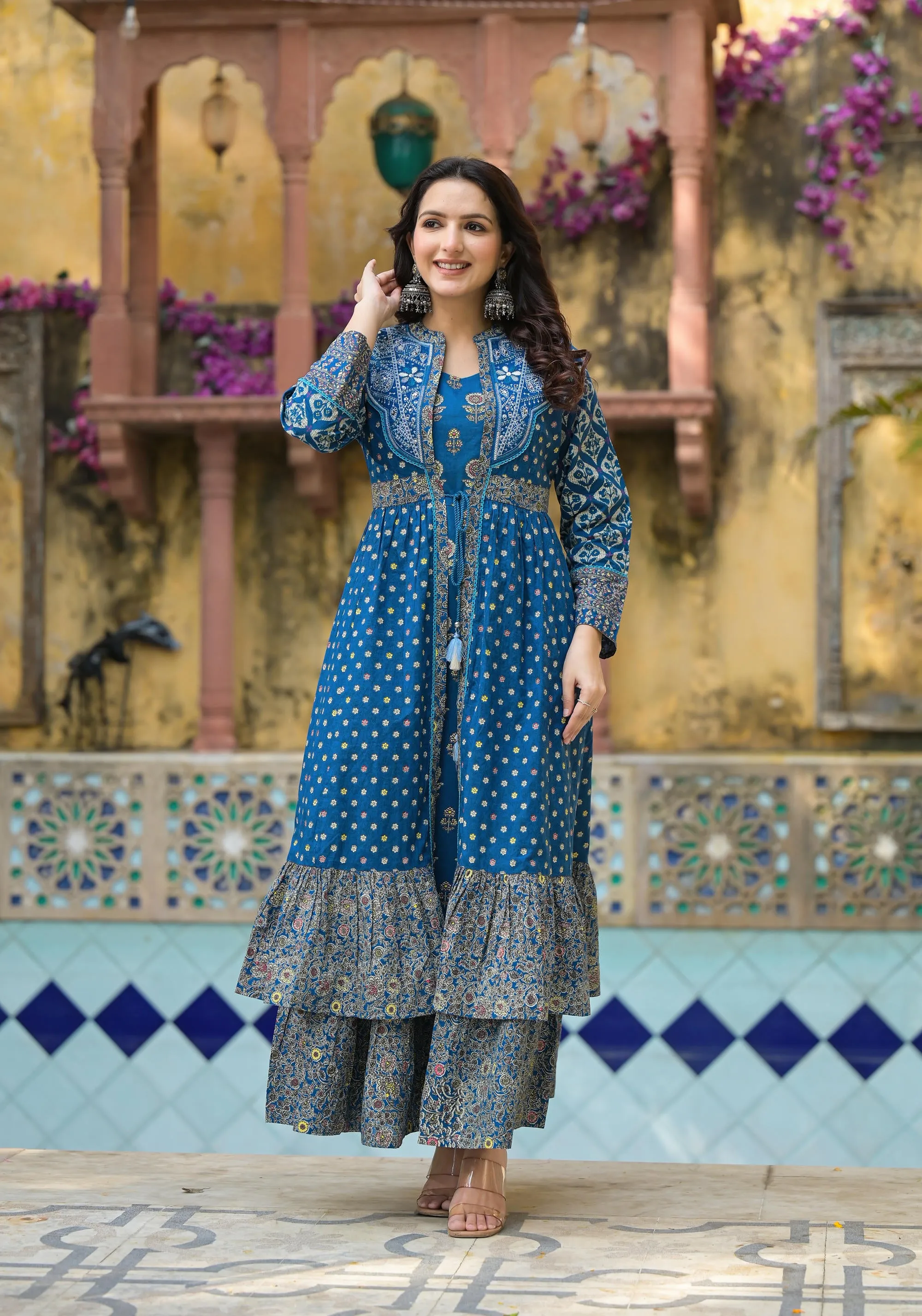 Indigo Floral Printed Cotton Long Dress & Shrug With Doris