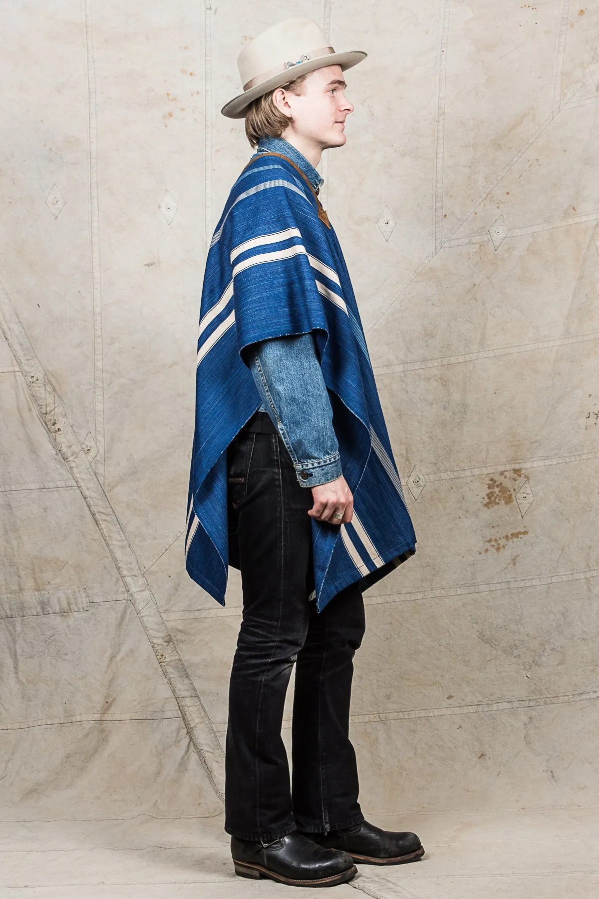 Indigofera Poncho Japanese Cotton / Wool Indigo / White Stripe