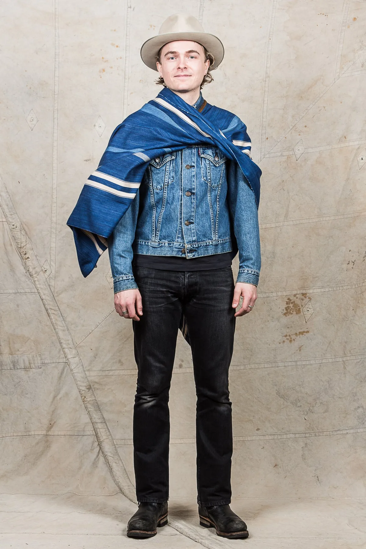 Indigofera Poncho Japanese Cotton / Wool Indigo / White Stripe