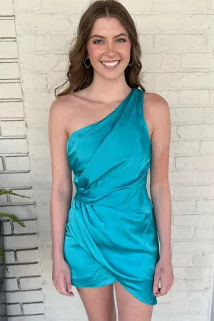 Jade Faux-Wrap One Shoulder Satin Homecoming Dresses