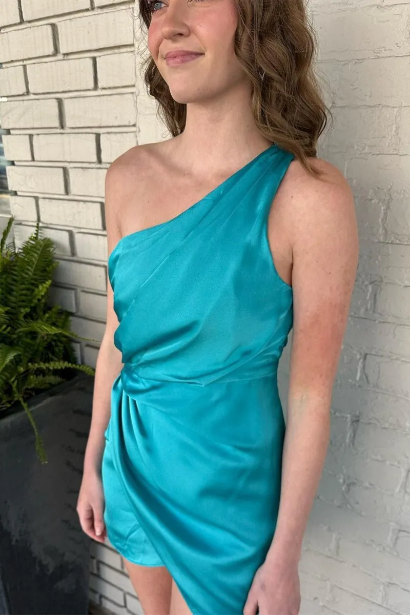 Jade Faux-Wrap One Shoulder Satin Homecoming Dresses