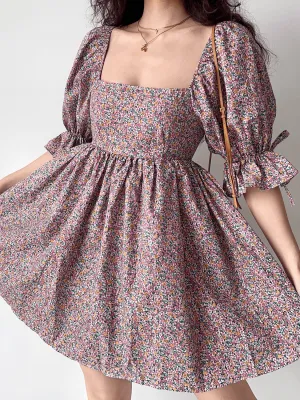 JazzHer-Vintage Square Neck Puff Sleeve Floral Dress