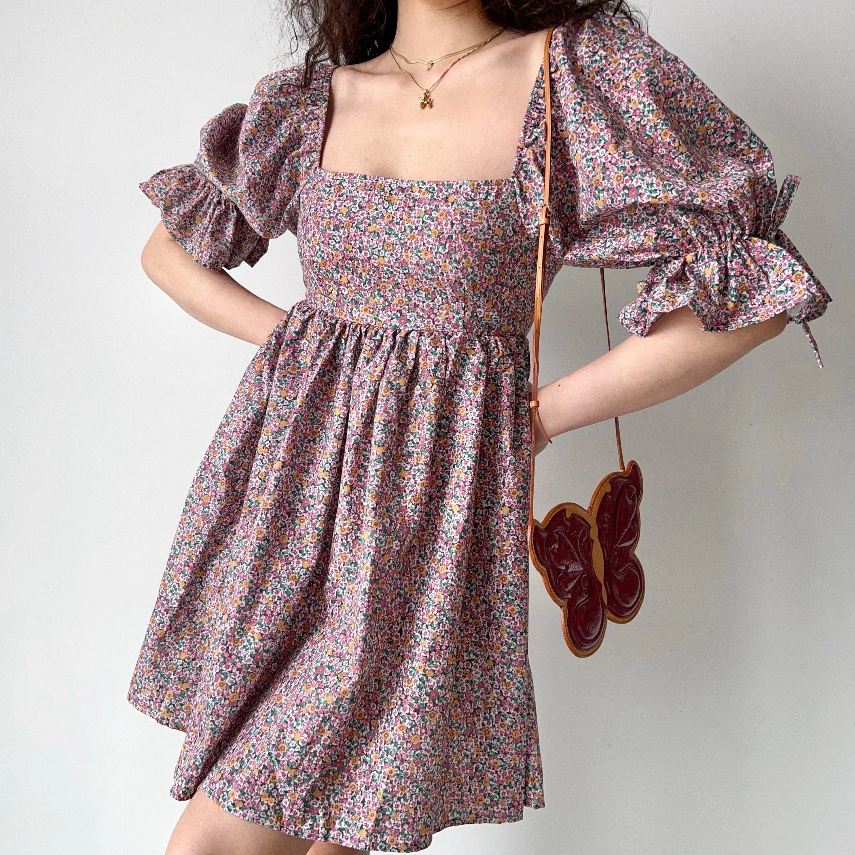 JazzHer-Vintage Square Neck Puff Sleeve Floral Dress