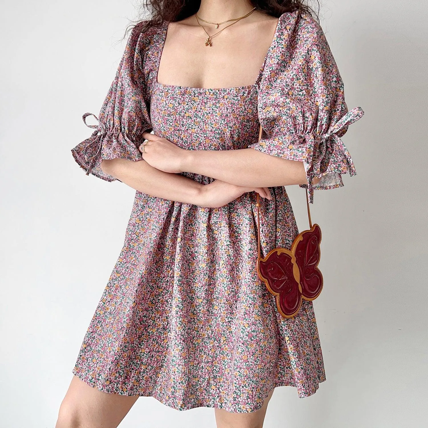 JazzHer-Vintage Square Neck Puff Sleeve Floral Dress