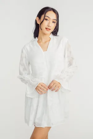 Karina White V Neck Flare Long Sleeves Textured Mini Dress