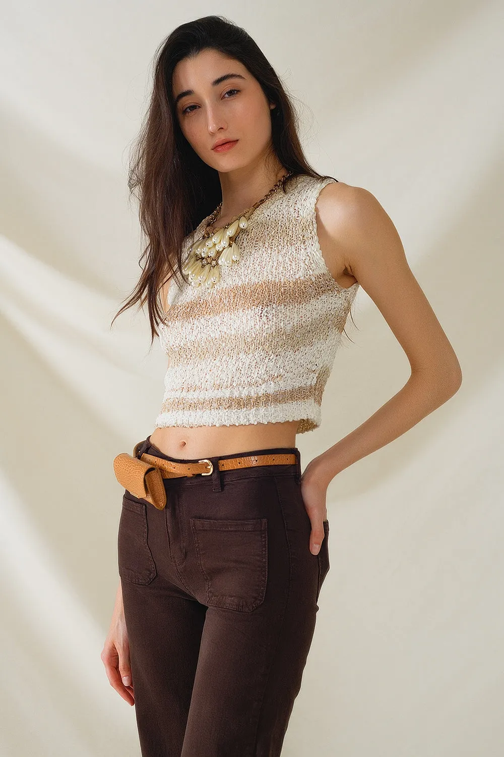 Knitted Tints of Beige Sleeveless Sweater With Stripes and Crew Neckline
