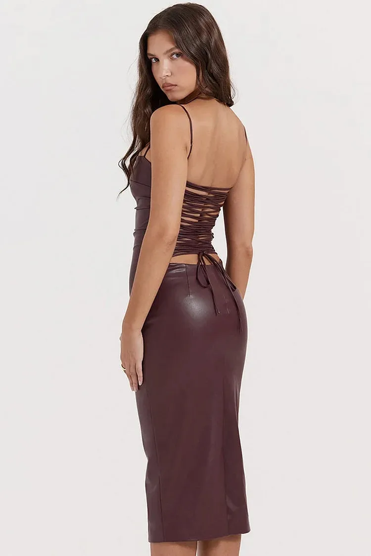 Lace Up Back Cocktail Party Leather Slip Midi Dresses