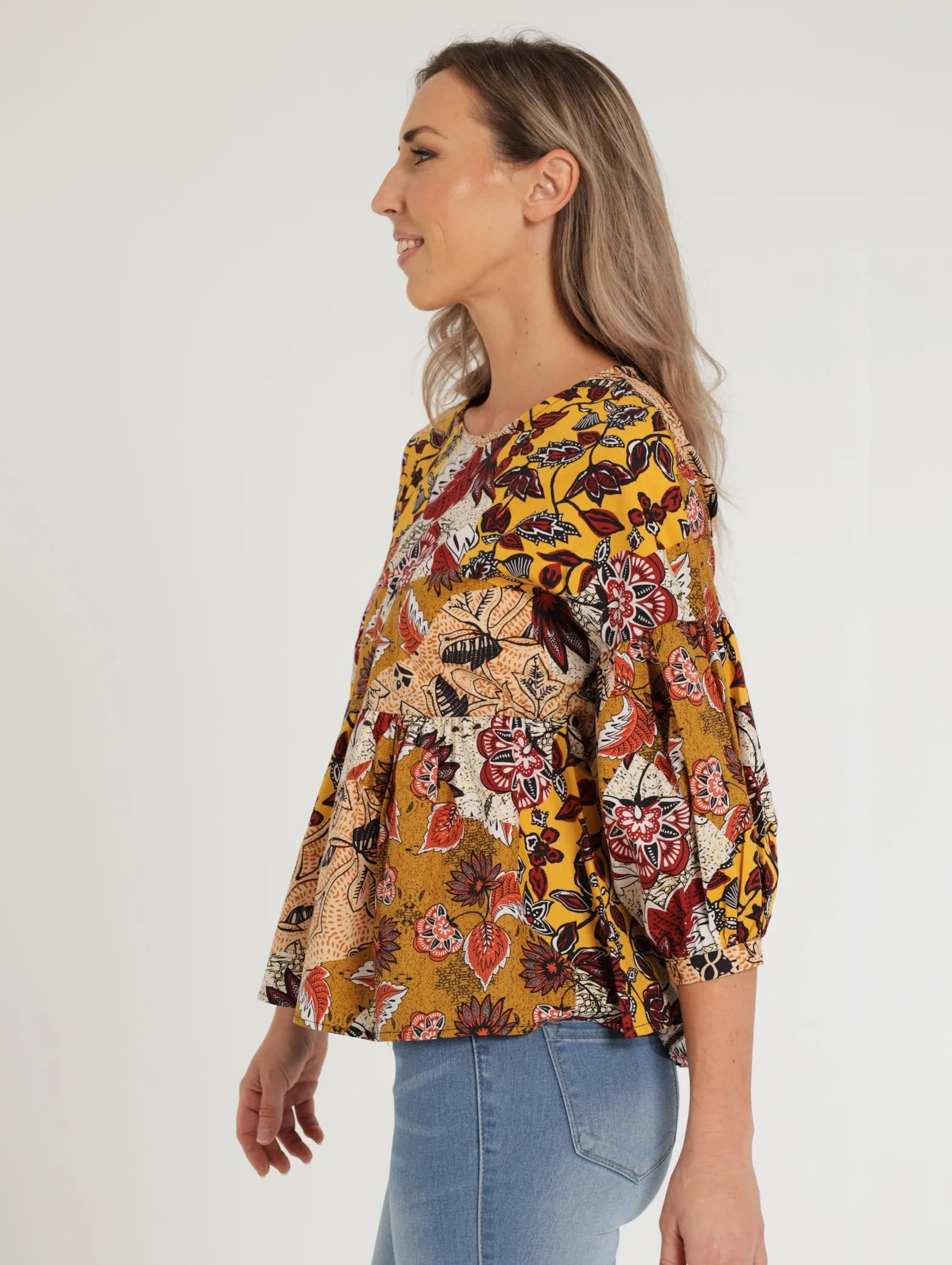 Ladies 3/4 Sleeve Poplin Peplum Bubble Blouse - Ochre